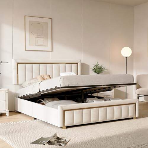 AZJSAHAH Cama tapizada de 140 x 200 cm con espacio de almacenamiento, cama hidráulica con cabecero acolchado, cama de almacenamiento con somier de láminas, cama doble funcional, terciopelo, sin