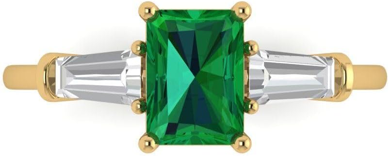 Clara Pucci 14K Solid Gold Engagement Ring for Women | 1.5 cttw Emerald Emerald Cut Three-Stone | Real Yellow Gold Wedding Ring