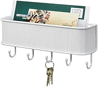 mDesign Wall Mounted Key Holder & Letter Basket - Wall Letter Holder with 5 Key Hooks - Key Rack and Letter Holder - White