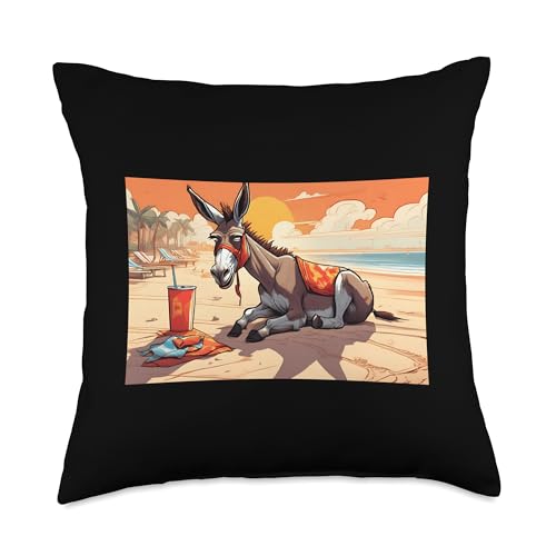 Image of Donkey Sunbathing On Beach For Children OA 20240528 Throw Pillow