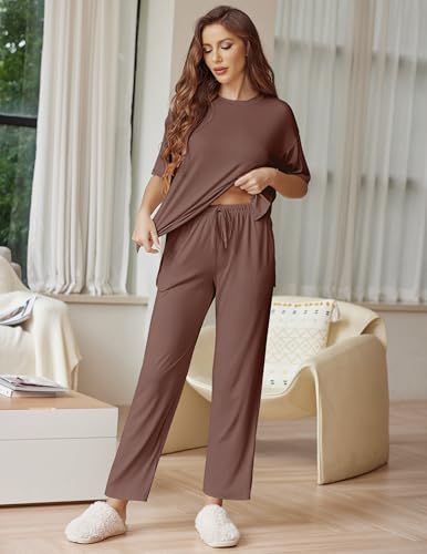 Image of Ekouaer Lounge Sets for Women Short Sleeve Tops and Long Pants Soft Comfy Pajamas Set 2 Piece Outfits