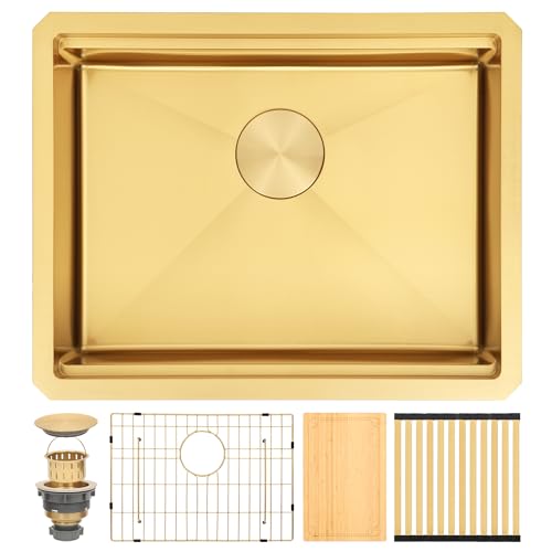 Image of 23 Inch Gold Undermount Kitchen Sink, 16 Gauge Stainless Steel Workstation | 23 inch x 18 inch Single bowl sink with ledge design, accessories included, ADA compliant 6 inch depth, ideal for RV and kitchen use