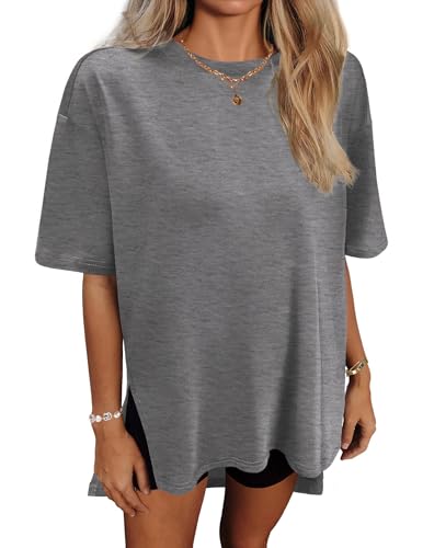 HOTOUCH Ladies Oversized T Shirts Crew Neck Loose Fit Workout Summer Tops Casual Short Sleeve Tunic Tee Grey M