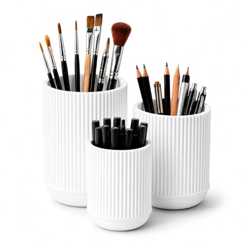 CABU Stiftehalter Weiß 3er Set Minimalistischer Schreibtisch Organizer Multifunktionaler Stiftebecher & Pinselhalter aus robustem Kunststoff Modern Matt für Büro Homeoffice & Kosmetik