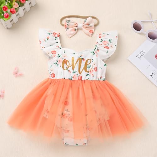 FYMNSI Newborn Baby 1st Birthday Girl Outfits Flutter Sleeve Smocked Floral Tulle Romper Tutu Dress Headband Summer Clothes2