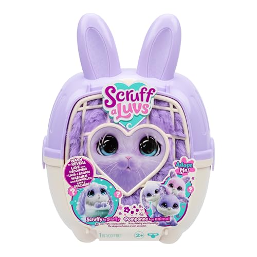 ScruffaLuvs Bunny Scruffs - Mystery Plush Toy 5.5 Tall - Wash to Reveal a Bunny Scruff Includes 11.4 Deluxe Pet Carrier Purple
