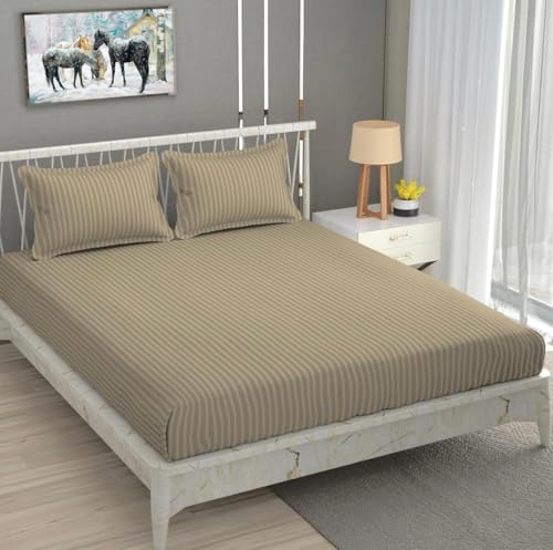 Image of Double Bedsheet Set with Pillow Covers | 200 TC Stripe Glace Cotton Bedding | Soft, Breathable & Durable Double Bed Sheet | Elegant Beige Striped Design