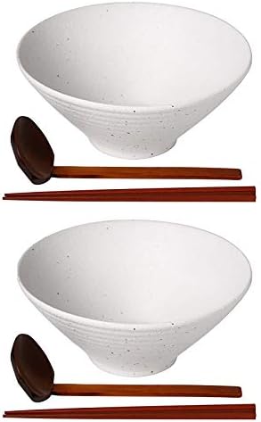 Kanwone Ceramic Japanese Ramen Bowl Set, Soup Bowls - 60 Ounce, with Matching Spoons and Chopsticks for Udon Soba Pho Asian Noodles, Set of 2, White