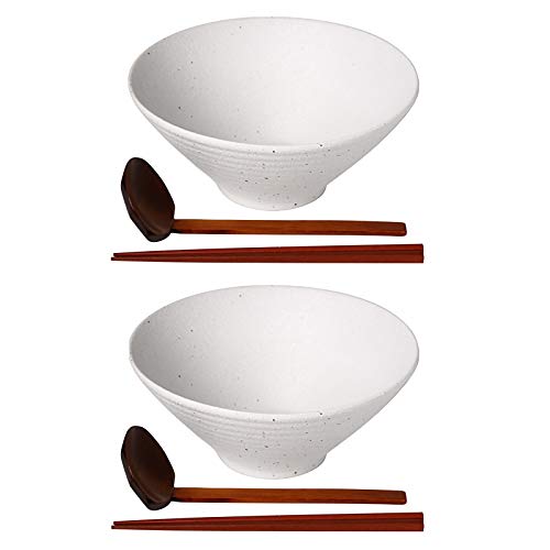 Kanwone Ceramic Japanese Ramen Bowl Set, Noodle Soup Bowls - 60 Ounce, with Matching Spoons and Chopsticks for Udon Soba Pho Asian Noodles, Set of 2, White