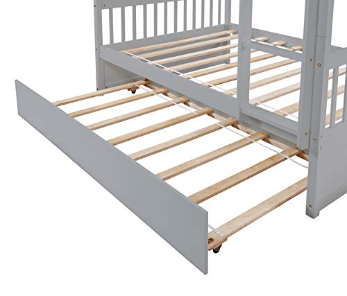 Full Over Full Bunk Bed With Trundle, Convertible To 2 Full Size Platform Bed, Wood Full Over Bunk Bed Frame With Built-In Ladder And Safety Guard Rails For Kids Boys Girls Teens, Gray #TOP6