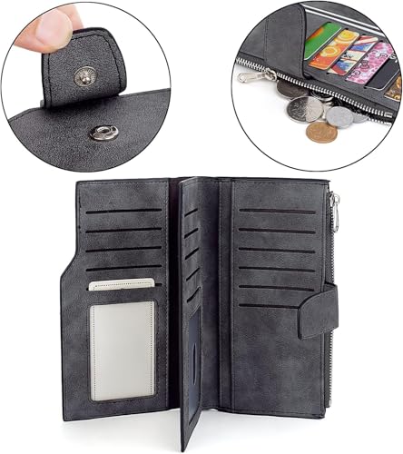 RFID Blocking Genuine Leather Wallet for Women Matte Card Holder with Zipper Coin Purse Snap Closure Dark Grey (Dark Grey)3