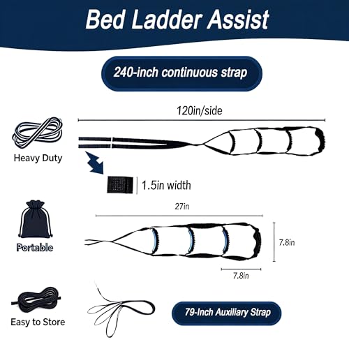 Bed Ladder Assist with 4 Handles, Adjustable Length & Dual-Point Support, Pull Up Helper for Seniors, Pregnant Women, Obese & Injury Recovery, Mobility Aid that Fits Most Beds (120 INCHES) - Gpaidy - Image 3