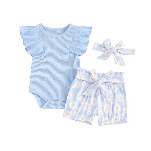 Image of Newborn Infant Baby Girl Summer Clothes Rib Frill Short Sleeve Romper Elastic Waist Shorts Headband 3Pcs Outfits Set