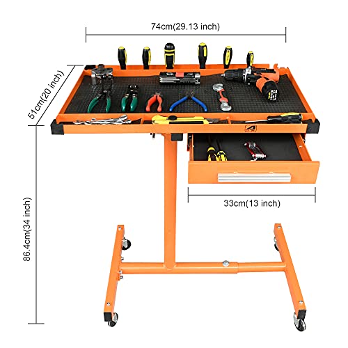 Heavy Duty Adjustable Work Table Bench - 200 Lbs Rolling Tool Cart Tear Down Tray With Wheel & Drawer, Hand Tools/Parts Storage Organizer, Rubber Corners, Orange #TOP2
