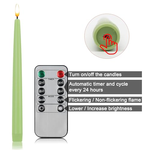 Image of CVHOMEDECO. Flameless Taper Candles with 10-Key Remote, Battery Operated Led Flickering 3D Wick Window Candles Real Wax Finished Home Christmas Party Decor 0.78 x 11 Inch, Pack of 2, Light Green