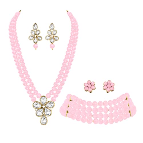 Image of Peora Crystal Faux Pearl Kundan Necklace & Jewellery Set Gift for Women
