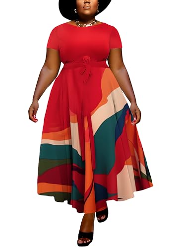 Image of Hostoyo Women Plus Size Formal A Line Maxi Dress Self Tie Waist with Pockets Elegant Round Neck Swing Long Dresses