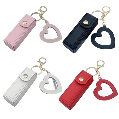 KOMUNJ 4 Stücke Lippenstift Etui aus Leder mit Herz Spiegel, PU-Chapstick-Etui, Lippenstift-Halter, Lipgloss-Tasche,Lippenbalsam-Beutel für Frauen,Reisen,Party, Geschenk
