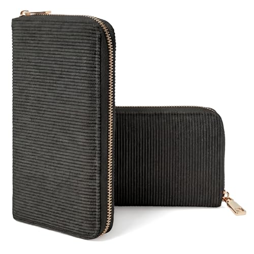 MillyMilk® FONDO LARGE – Großer Damen Cord Geldbeutel – Stoff Portemonnaie Vegan mit viel Platz für Karten, Münzen & Scheine – Formstabile Damenbörse mit Reißverschluss – Organizer Geldbörse (SCHWARZ)
