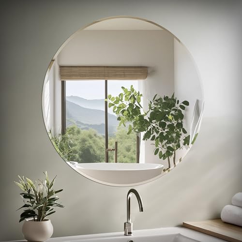 Image of Gatco 1807 Bathroom Wall Mirror, 35 inch Modern Mirror for Living Room, Vanity, Slim Design Beveled Frameless Large Round - Easy Mount Safety Bracket