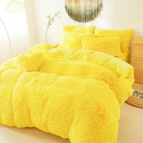 Faux Fur Fluffy Yellow Comforter Cover Twin Set – Plush Faux Fur Yellow Bedding 2-Piece Set (1 Furry Duvet Cover + 1 Shaggy Pillow Sham) Cozy Bed Set