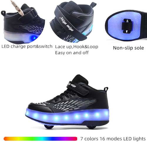 GIMKOUNN Roller Shoes Girls Boys Sneakers USB Charge LED Lights Skates Beginner Trainers Footwear Shiny Shoes with Wheels Comfortable Roller Skates Kids Gifts Christmas?Size 3 Little Kid,Black?