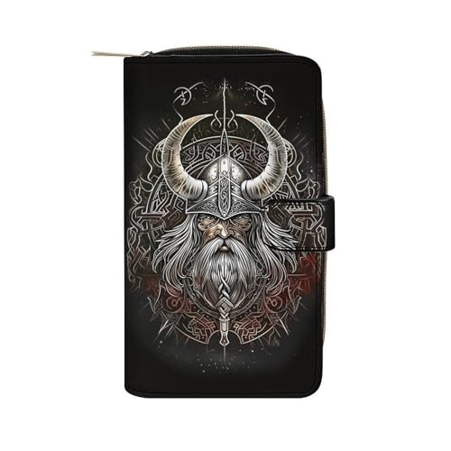 Viking Warrior Leather Wallets,Long Wallet Purse,Slim Thin Leather Bifold Card Holder Wallet,Adjustable Buckle,Multi Cards Case,Large Capacity