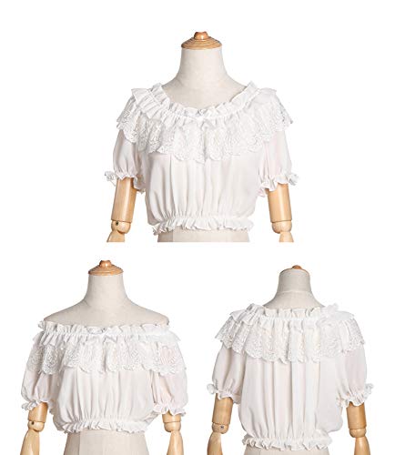 Smiling Angel Women Lolita Frilly Chiffon Crop Top Blouse White/Black/Wine Red/Blue/Apricot Puff Sleeve Lace Bottoming Shirt #TOP4
