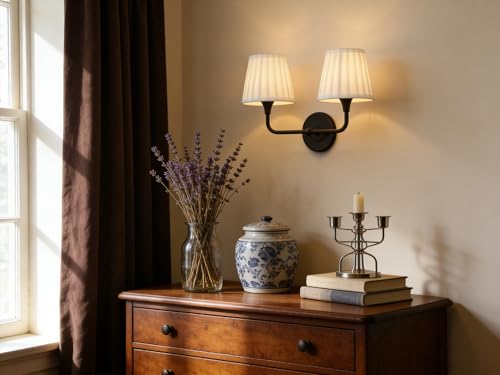 Image of Yosoan 2-Light White Pleated Fabric Shade Wall Sconce, White Pleated Cup Funnel Shade, Vanity Vintage Industrial Hardwired Indoor Boho Wall Mounted for Kitchen Living Room Staircase (Black)