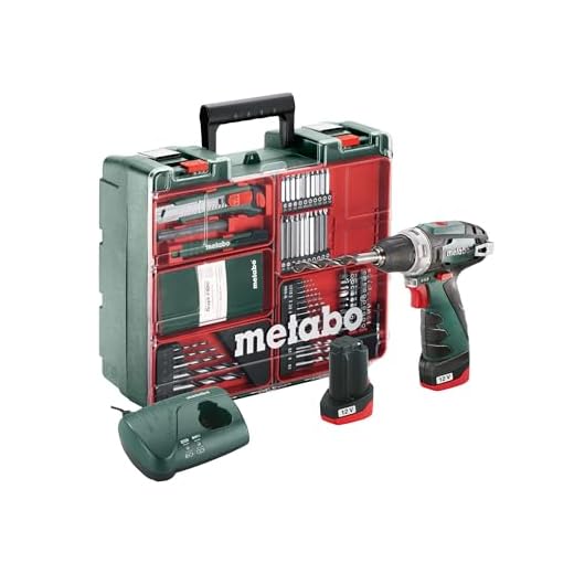 Metabo 600080880 Akku-Bohrschrauber klein PowerMaxx BS Basic Set 10,8V, 2x 2Ah Li-Ion Akkus, inklu. Ladegerät, im Koffer, mit 64-teiligem Zubehör-Set, max. Drehmoment: 17Nm (weich)/ 34Nm (hart)