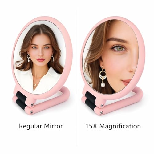 Image of Plastic 1x 15x Magnifying Handheld Square Hand Mirror, Travel Folding Hand Held Mirror, Double Sided Pedestal Magnification and True Image Makeup Mirror for Women with Adjustable Handle, Pink