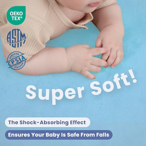 Image of Baby Play Mat for Floor,1.3 inch Thick Elasti-Foam 50x50 Playpen Mat for Toddlers Infant kids,Water-Repellent Soft Coral Velvet for Tummy Time,Non-Slip Backing for Crawling,Tatami Style(Light Blue)