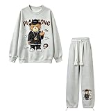 セットアップ メンズ 上下セット 秋服 2点セット ワッフル スウェット トレーナー クマ パンダ プリント 大きいサイズ 長袖 -gray-2XL