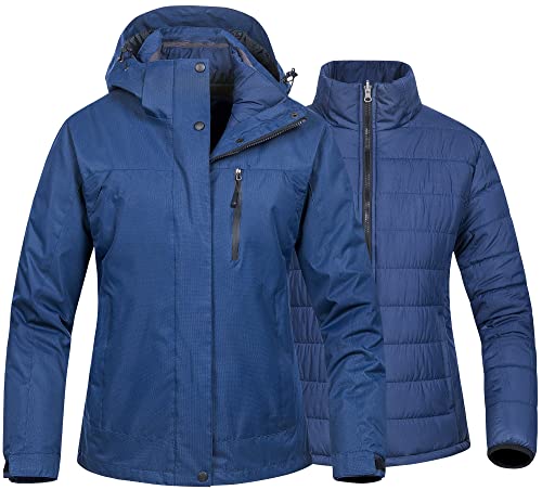CREATMO US Womens High Waterproof Breathable Insulated Outerwear 3-In-1 Ski Coats With Hooded Warm Jackets Windproof Snowsuit Navy L