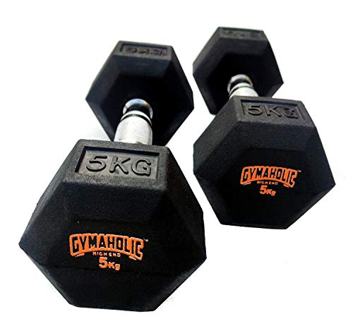 Image of Gymaholic Dumbbell, Hexa Rubber Dumbbell with Metal Handles, Single & Pair, Dumbbells in Weights 5 KG Pair