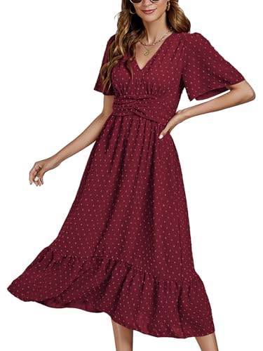 Image of LYANER Women's Boho Maxi Dress Long Sleeve V Neck Swiss Dot High Waited A-Line Ruffle Tiered Chiffon Long Dresses