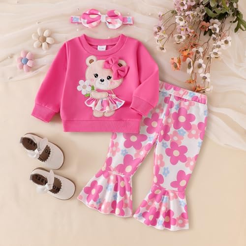 Image of Baby Girl Clothes Fall Winter Long Sleeve Bear Cartoon Sweatshirt Flare Pants Bow Headband Set 6 Months-4 Years Old