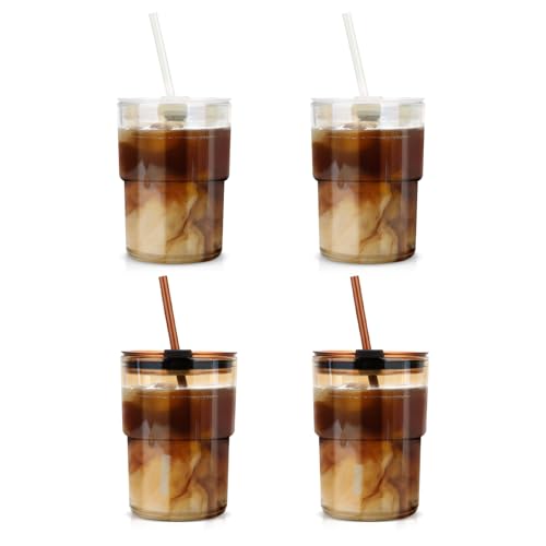 Luxfuel 13 oz Glass Tumbler Water Cup with Straw & Lid, Reusable Iced Coffee, Tea Cups, Leak-Proof Thick Wall Travel Tumbler for Home, Office, Car Cup Holder Friendly, BPA Free (Amber, 1 Pac