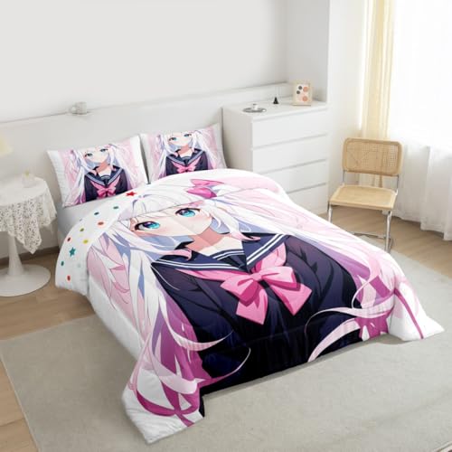 Image of Erosebridal Kawaii Japanese Girl Comforter Set Cartoon Anime Gifts Bedding for Kids Boys Girls 3D Japanese Style Bedding Comforters & Sets Sailor Suit Uniform Girl Design Duvet Set Queen Size