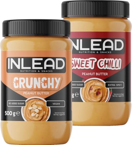 INLEAD - Peanut Butter | Mantequilla de cacahuete cremosa y sin azúcar, sin aceite de palma | Rica en proteínas | Aperitivo ideal para picar entre horas - 2x 500g (MIX - Crunchy + Sweet Chili)