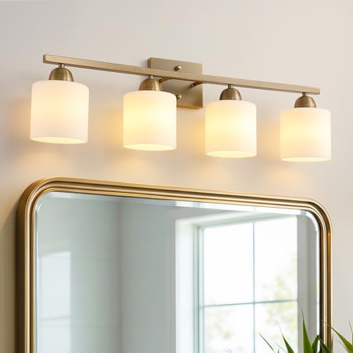 Image of Mecgirn Milk Glass Vanity Lights for Bathroom, 4 Light Brass Bathroom Light Fixtures Over Mirror, Ceramic E26 Sockets Wall Mounted