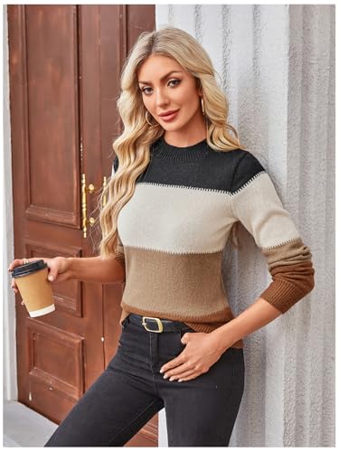 Image of WDIRARA Women's Color Block Sweaters Long Sleeve Mock Neck Tops Loose Knitted Pullover Sweater