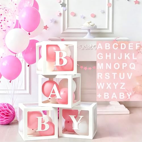 Balloon Boxes 4 Pcs Baby Shower Balloon Box with 26 Letters A-Z 4 Transparent Balloon Boxes Block with BABY Letters for Boy Girl Baby Shower Birthday Theme Party Christening Prom Decoration