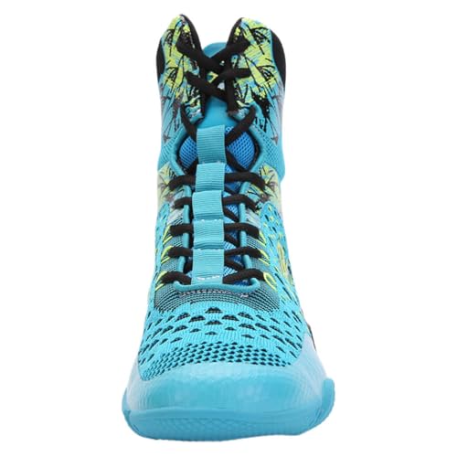 Image of Professional High-Top Boxing Shoes for Men & Women - Lightweight Wrestling Boots with Rubber Grip Sole - Breathable Microfiber & Mesh Training Shoes for MMA, Gym & Lifting (Grey, White, Blue)