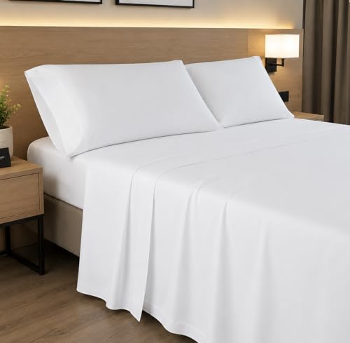 Parure de lit infroissable blanche 50% coton lit double avec 2 taies - 2