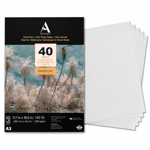 Image of ArtRight Artists' Watercolor Paper A3 300 GSM - 40 Sheets of Handmade Rough Grain Water Colour Papers for Watercolour, Acrylic, Gouache, Ink & Mixed Media