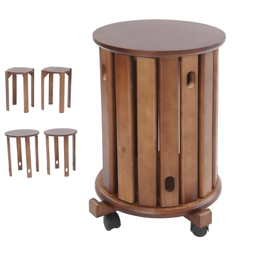 ROGONPDK Tabouret empilable multifonction en bois rond empilable - Meubles polyvalents - Tabouret en bois empilable à quatre niveaux avec roulettes - Pour une...