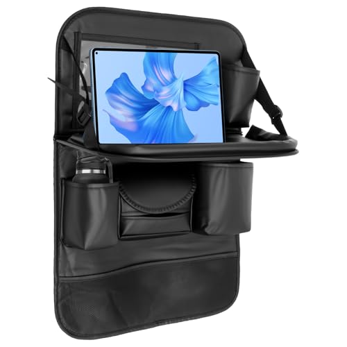 Organizadores de carro com suporte para tablet, organizador de banco traseiro de carro com mesa dobrável, protetor automotivo de couro artificial e armazenamento com 8 compartimentos, itens essenciais