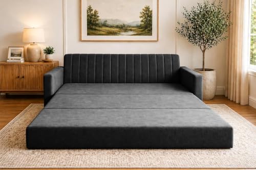 Image of 3 Seater Sofa Cum Bed with Armrest, Velvet Fabric Couch for Living Room, Space Saving Foldable Sleeper Sofa, (Black-Color)