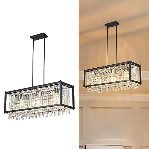 Image of LMQNINE Modern Rectangle Chandelier for Dining Room, Black Crystal Chandelier Linear Light Fixture, Farmhouse Chandeliers for Kitchen Island, Bar Table, L30.7'' x W9.84'' x H8.66''